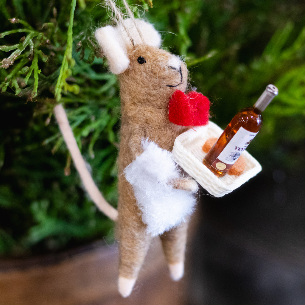 Felt Waiter Mouse with Red Bowtie Holding Wine Tray