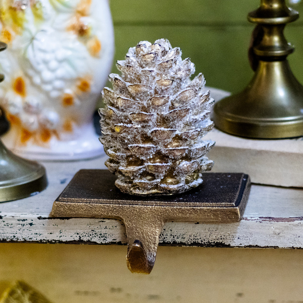 Bronze Glittered Pinecone Stocking Holder