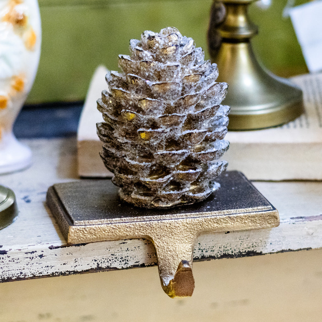 Bronze Glittered Pinecone Stocking Holder