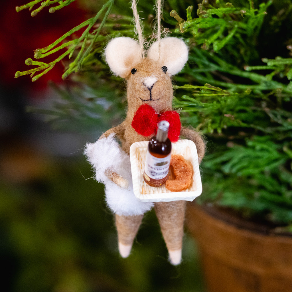 Felt Waiter Mouse with Red Bowtie Holding Wine Tray