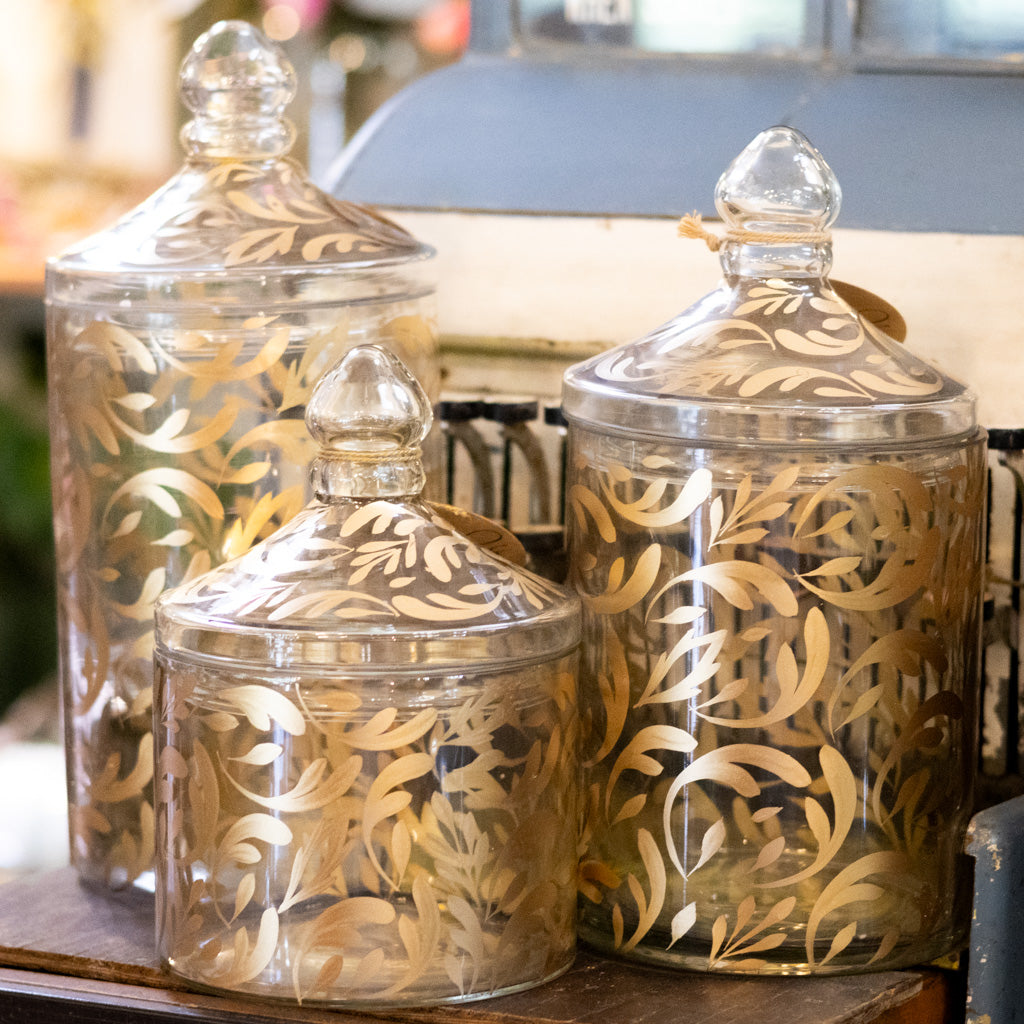 Glass Gold Leaf Pattern Container with Lid Small