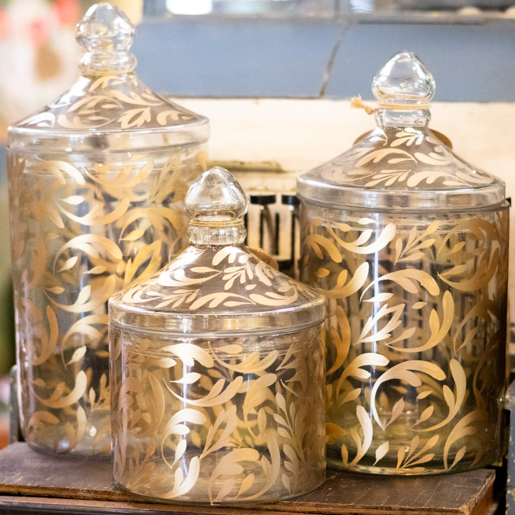 Glass Gold Leaf Pattern Container with Lid Small