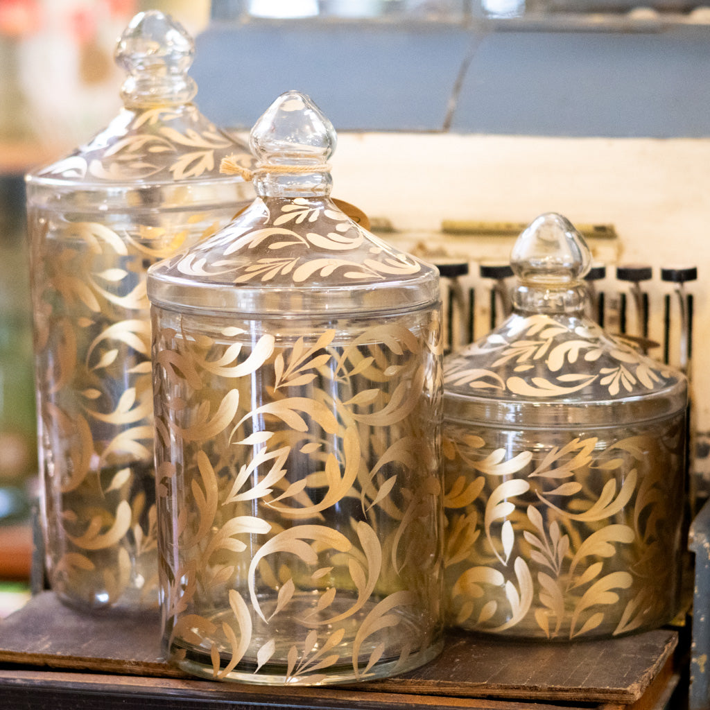 Glass Gold Leaf Pattern Container with Lid Medium