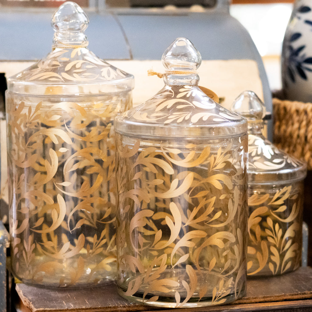 Glass Gold Leaf Pattern Container with Lid Medium
