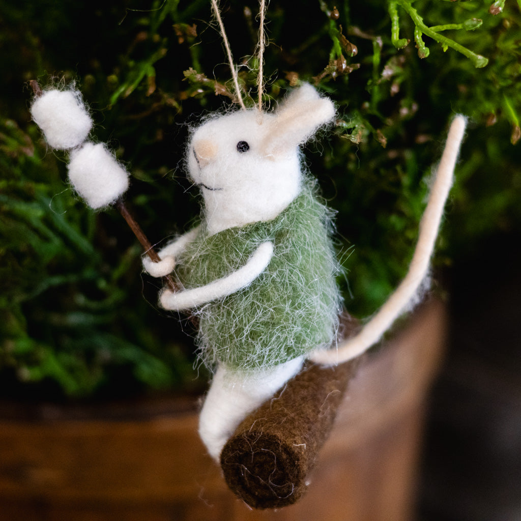 Felt Mouse in Green Vest Roasting Marshmallows Ornament