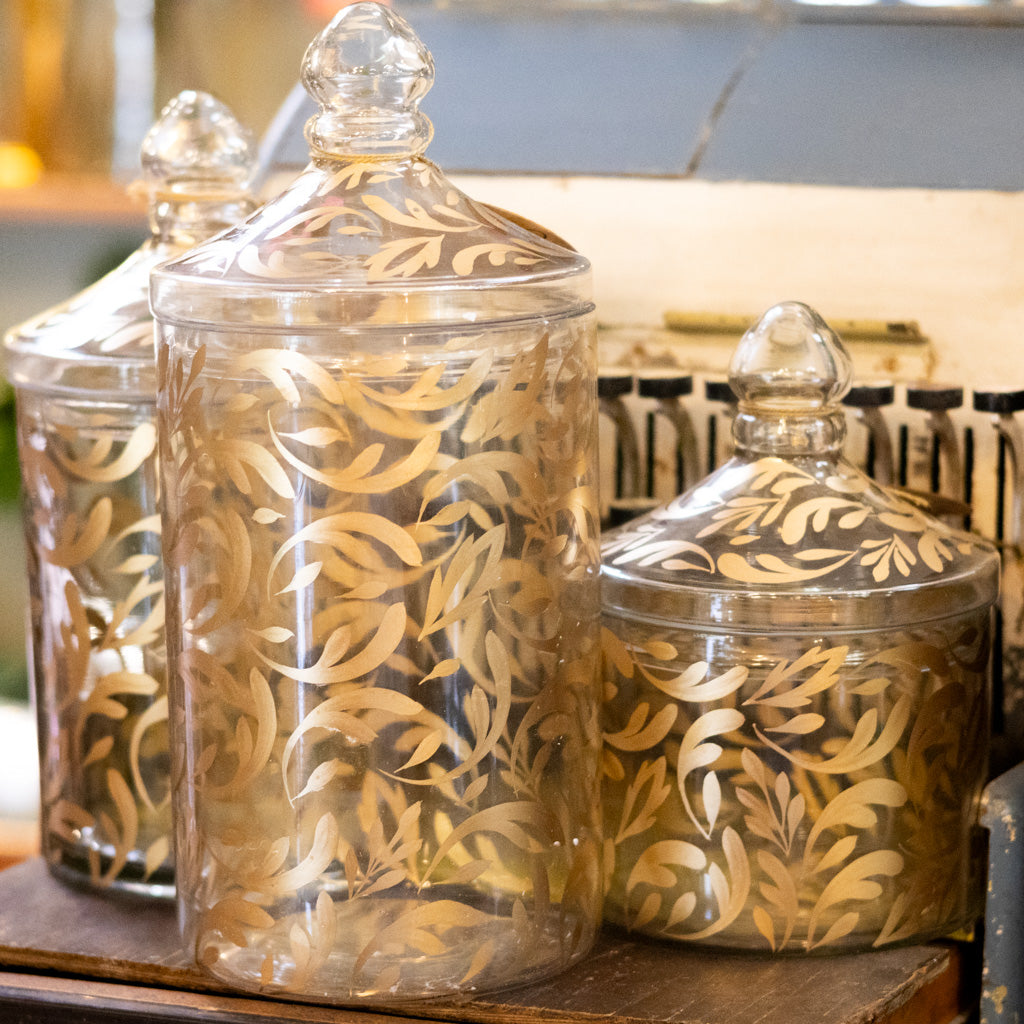 Glass Gold Leaf Pattern Container with Lid Tall
