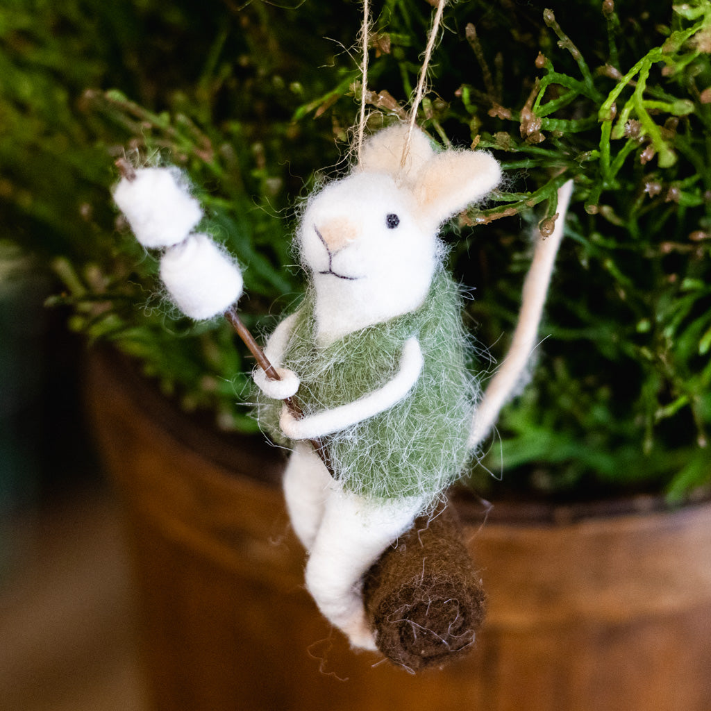Felt Mouse in Green Vest Roasting Marshmallows Ornament
