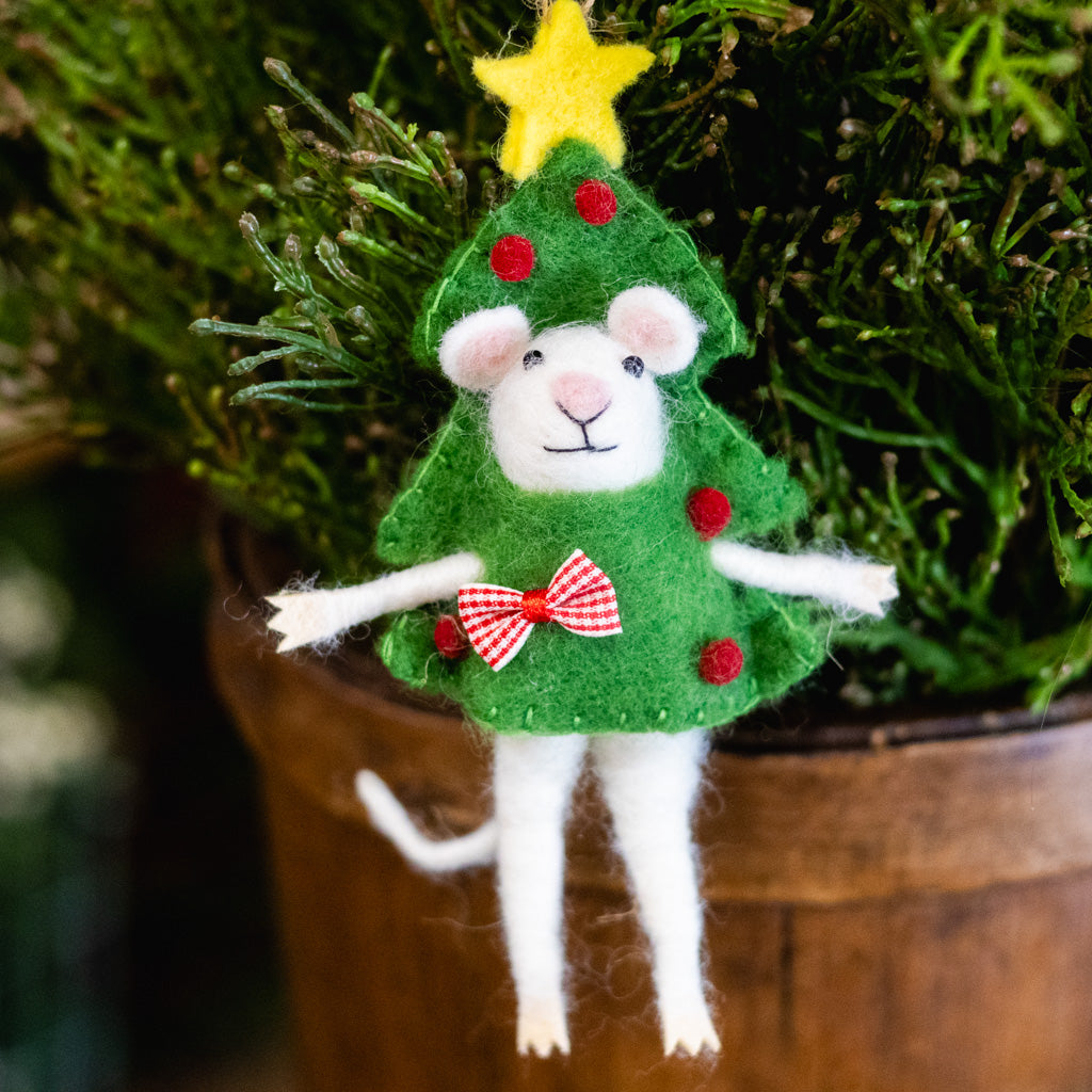 Felt Mouse Dressed as A Christmas Ttee Ornament