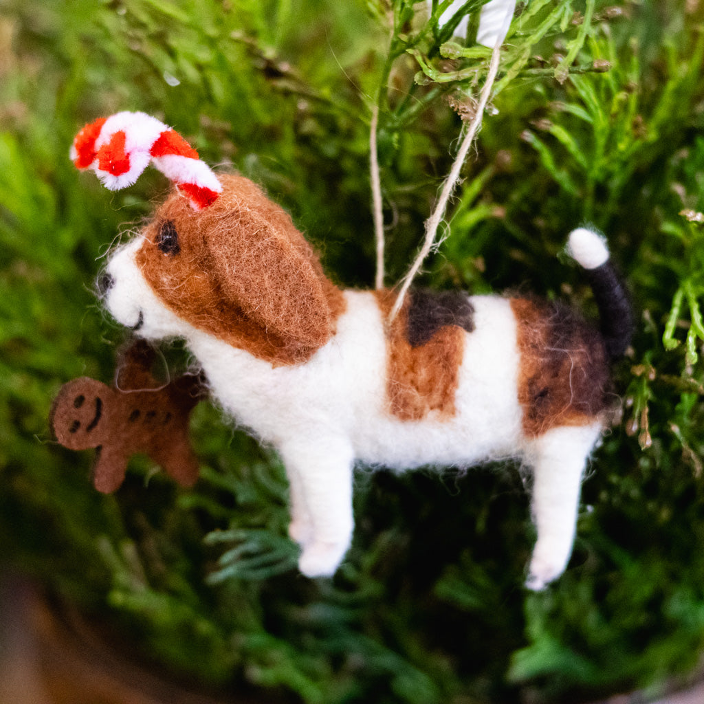 Felt Beagle with Candy Cane Antlers and Cookie Ornament