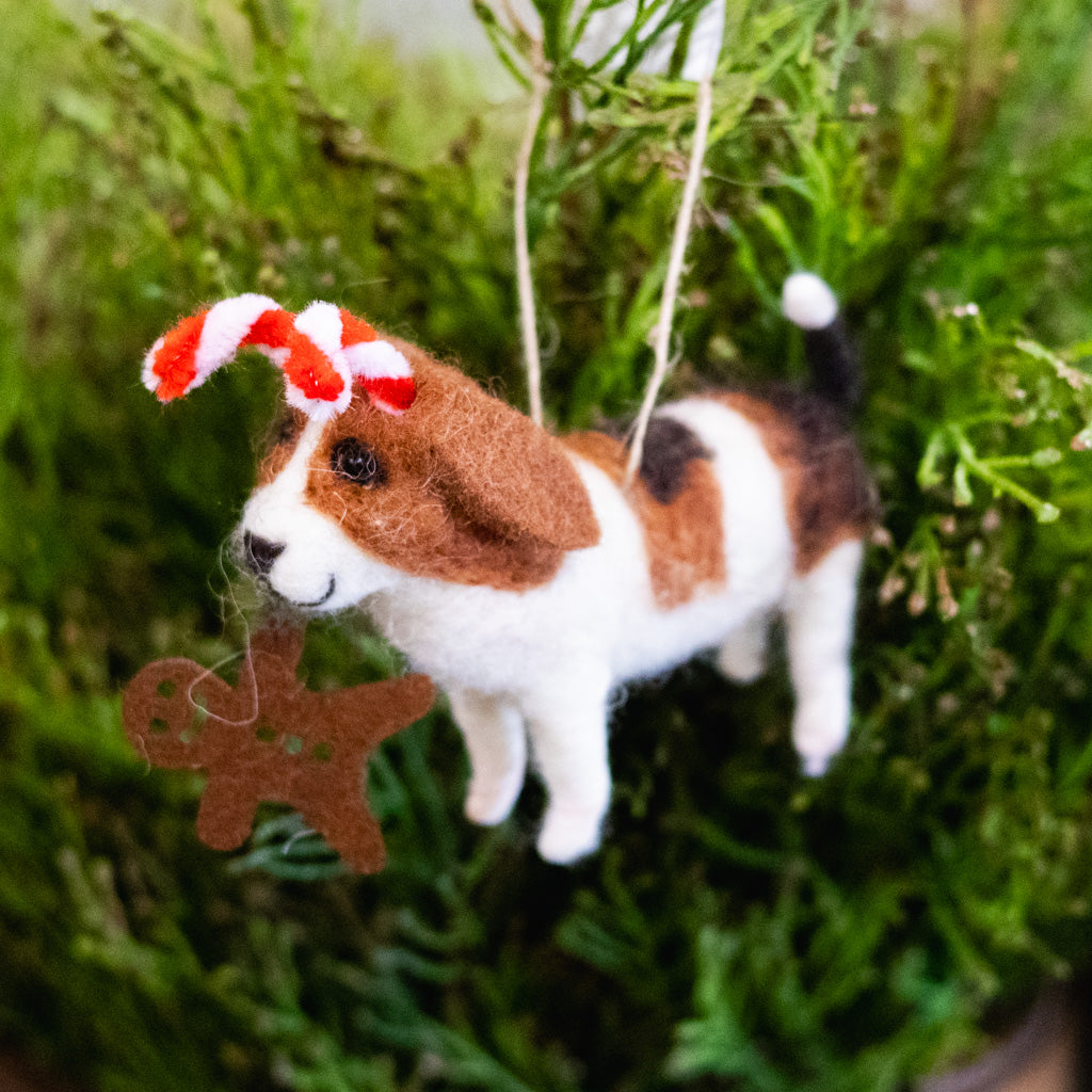 Felt Beagle with Candy Cane Antlers and Cookie Ornament