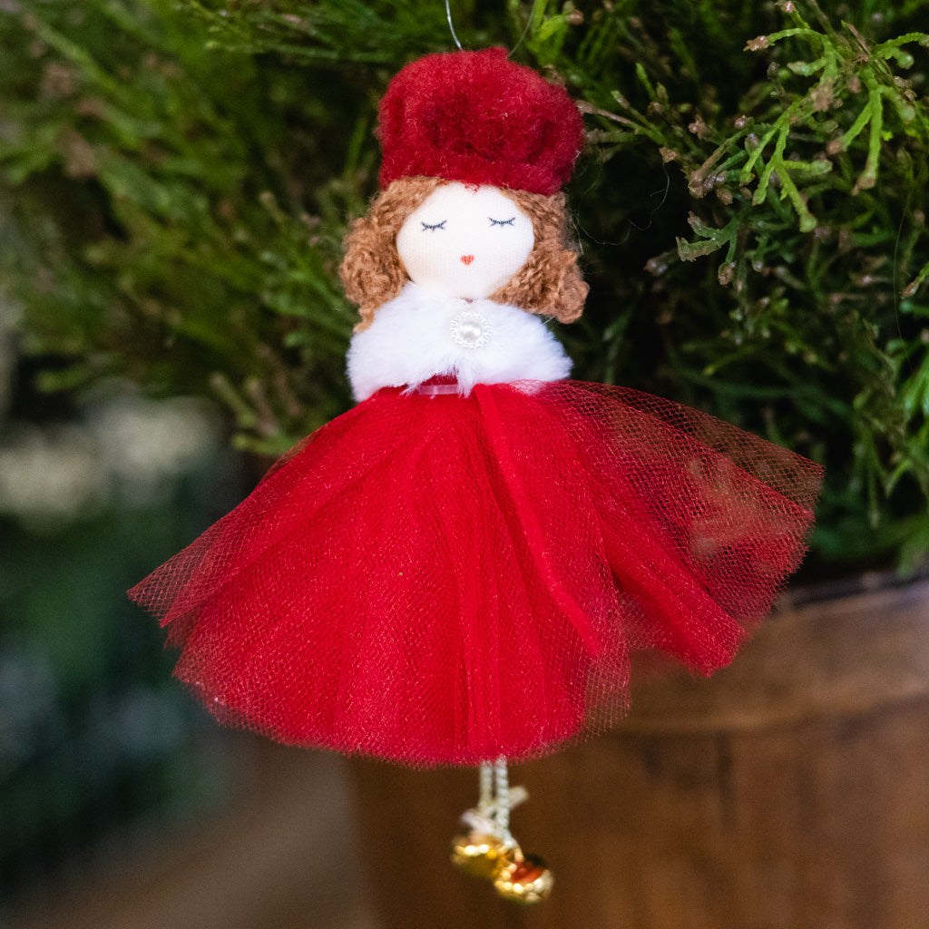 Fabric Girl in Hat with Red Tulle Skirt Ornament