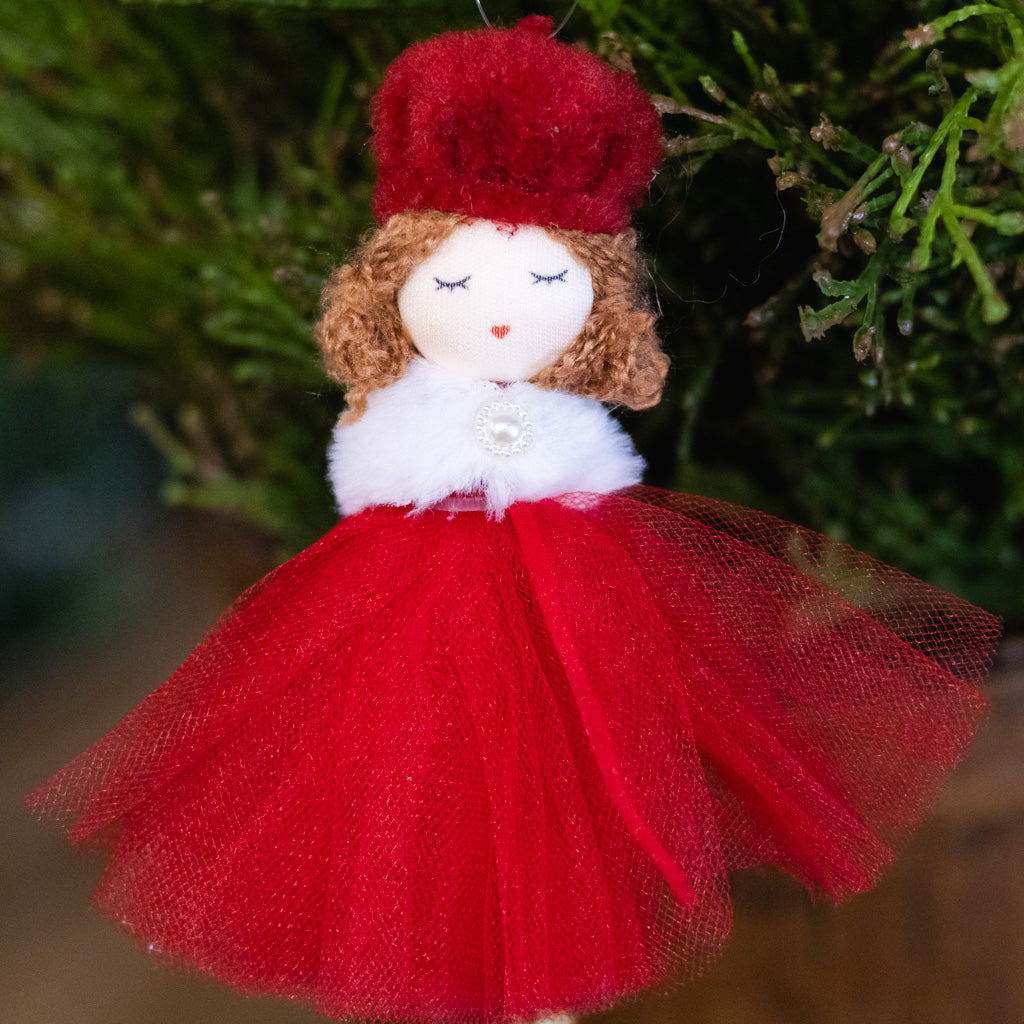 Fabric Girl in Hat with Red Tulle Skirt Ornament