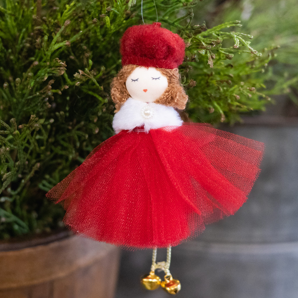 Fabric Girl in Hat with Red Tulle Skirt Ornament
