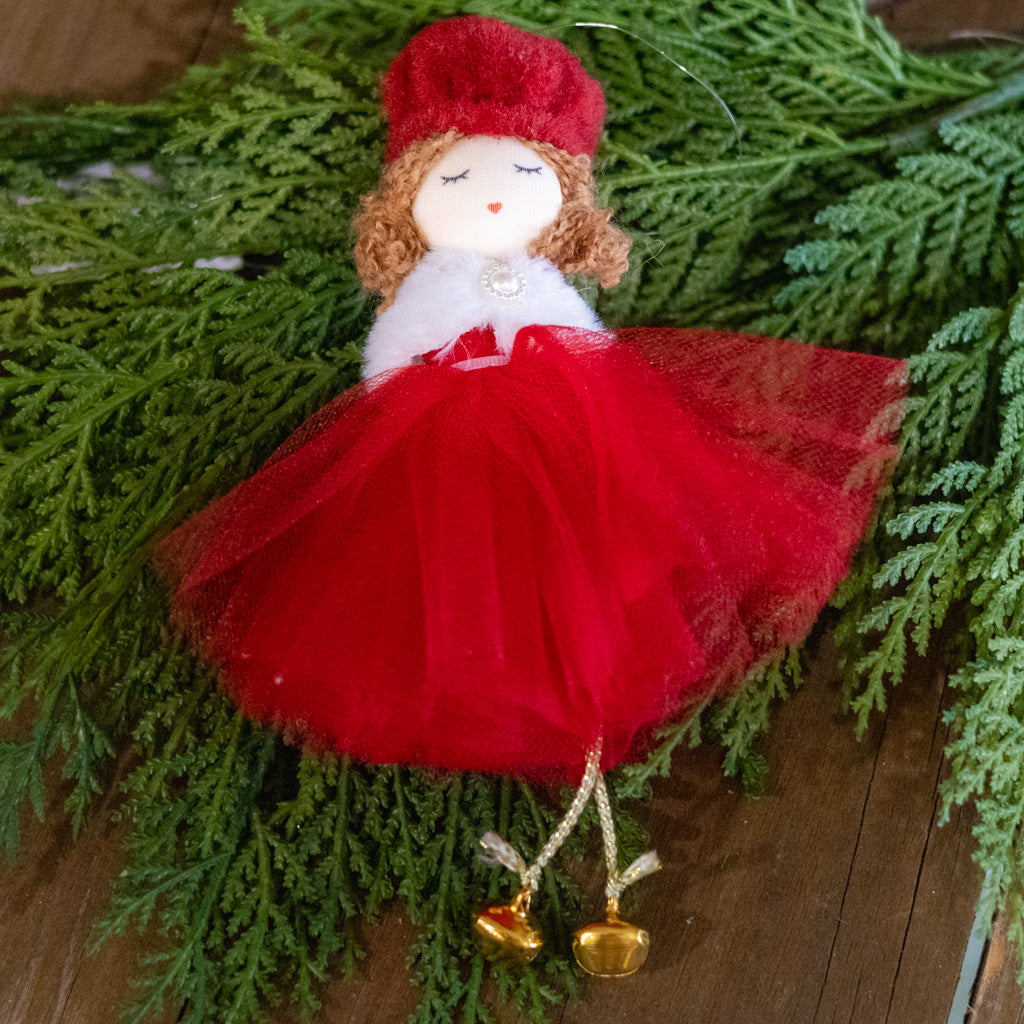 Fabric Girl in Hat with Red Tulle Skirt Ornament