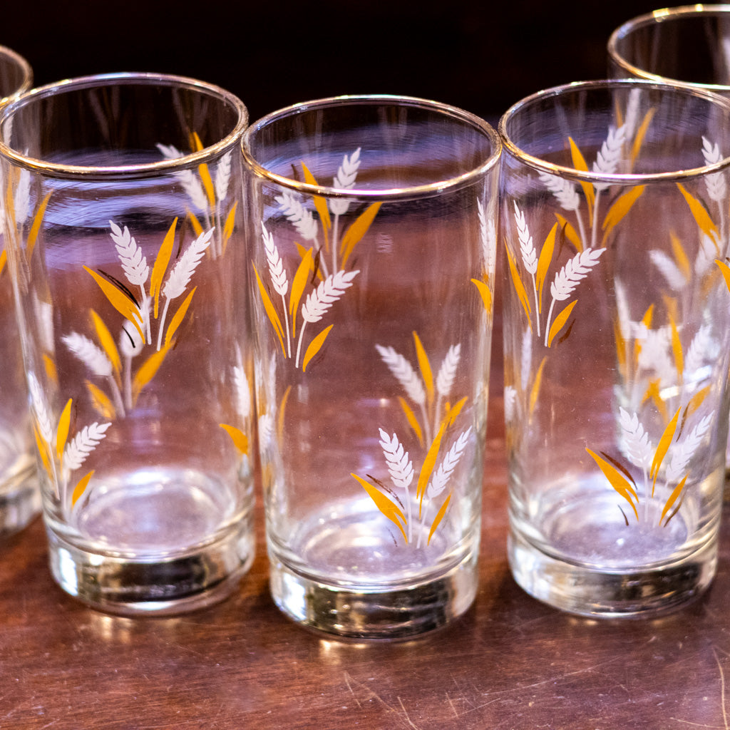 Vintage Set of 8 Libbey Golden Wheat Glasses with Caddy