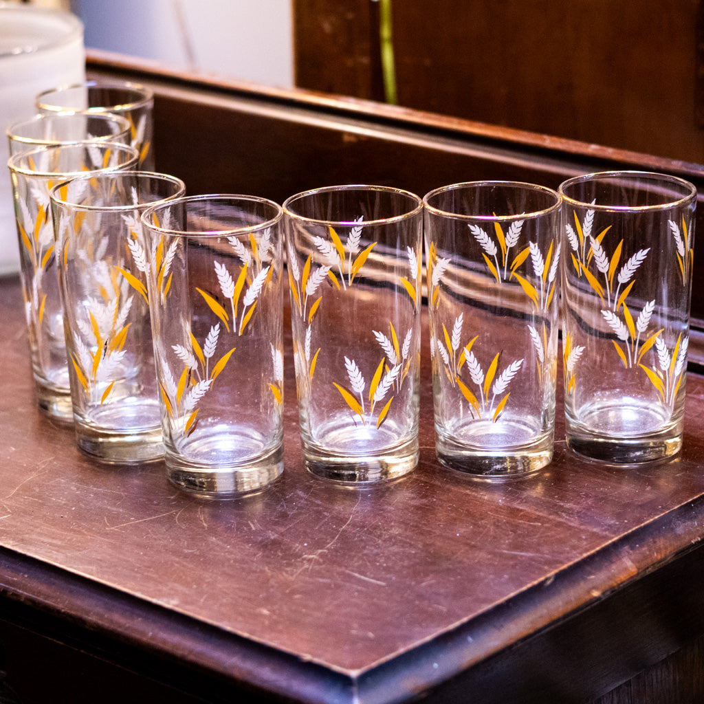 Vintage Set of 8 Libbey Golden Wheat Glasses with Caddy
