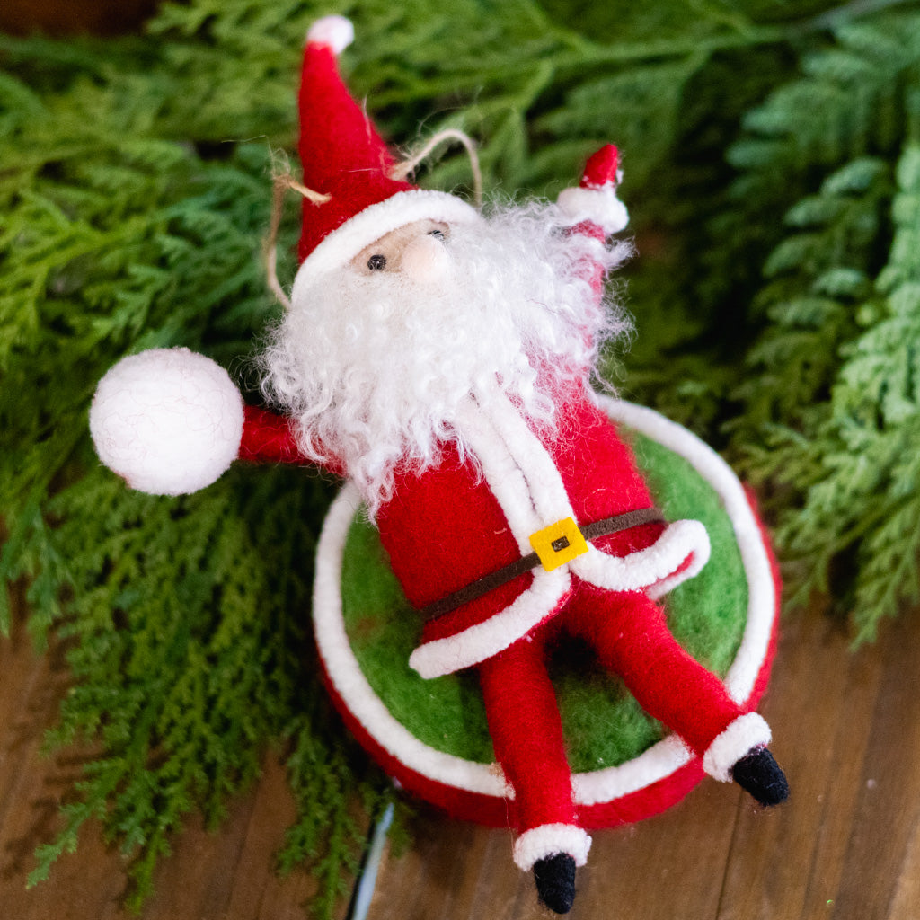Felt Santa with Snowball on Inner Tube Sled Onament