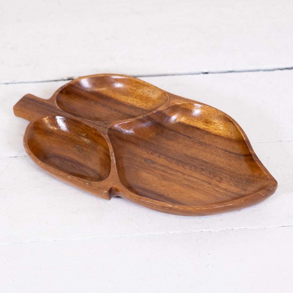 Vintage Monkey Pod Wood Divided Leaf Dish