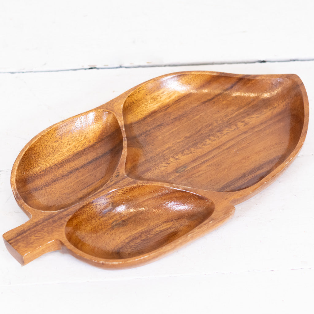 Vintage Monkey Pod Wood Divided Leaf Dish