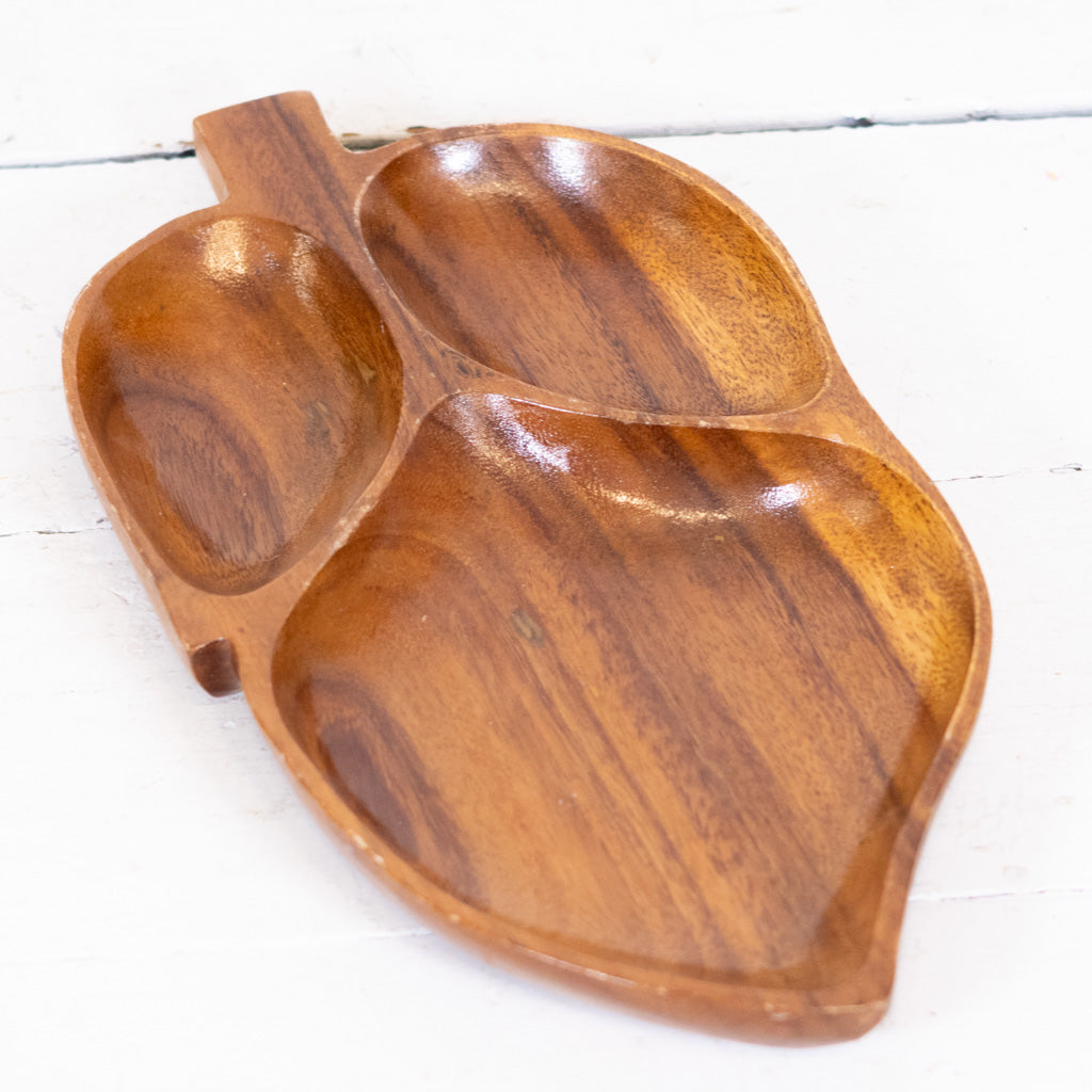 Vintage Monkey Pod Wood Divided Leaf Dish