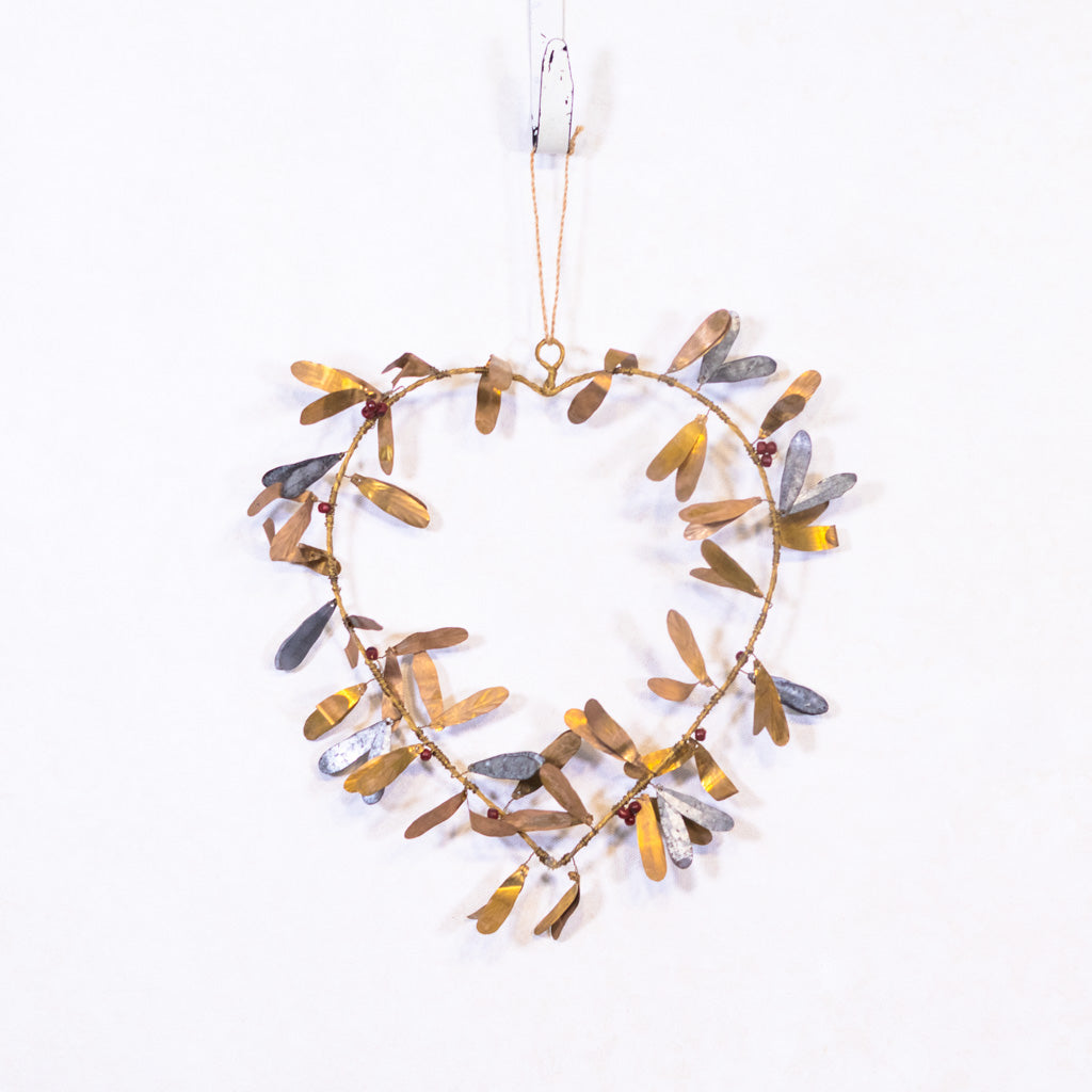 Metal and Wood Heart Wreath with Galvanized Leaves