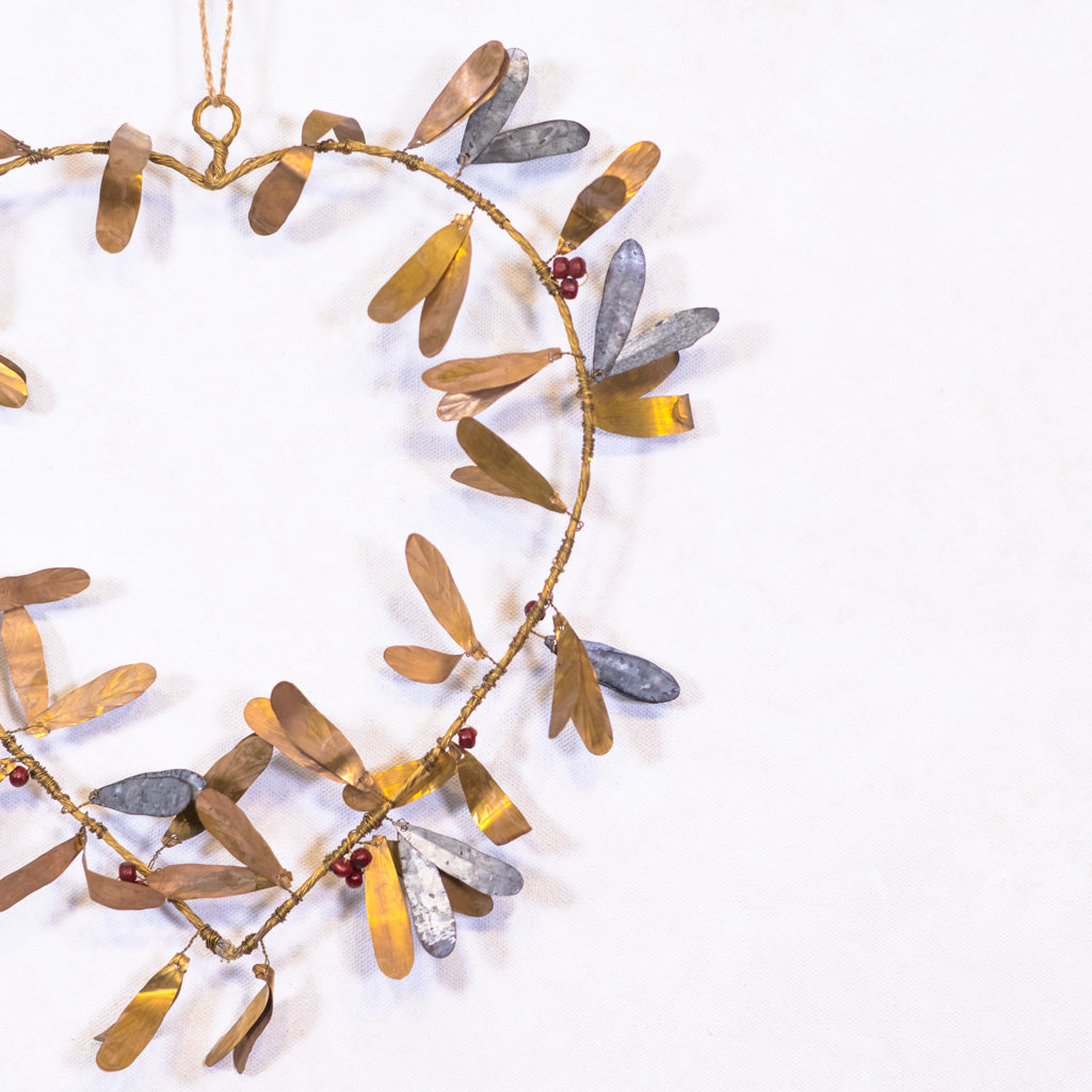 Metal and Wood Heart Wreath with Galvanized Leaves