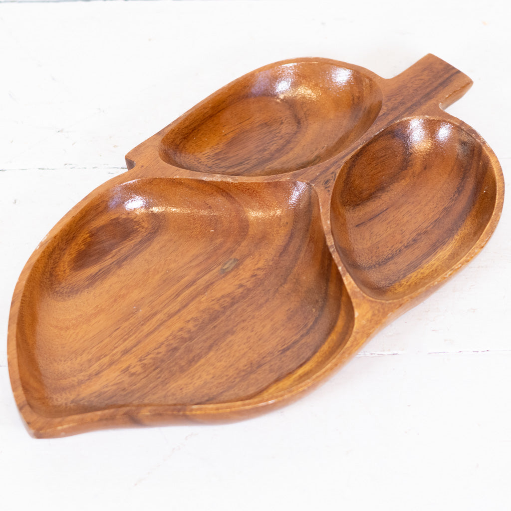 Vintage Monkey Pod Wood Divided Leaf Dish