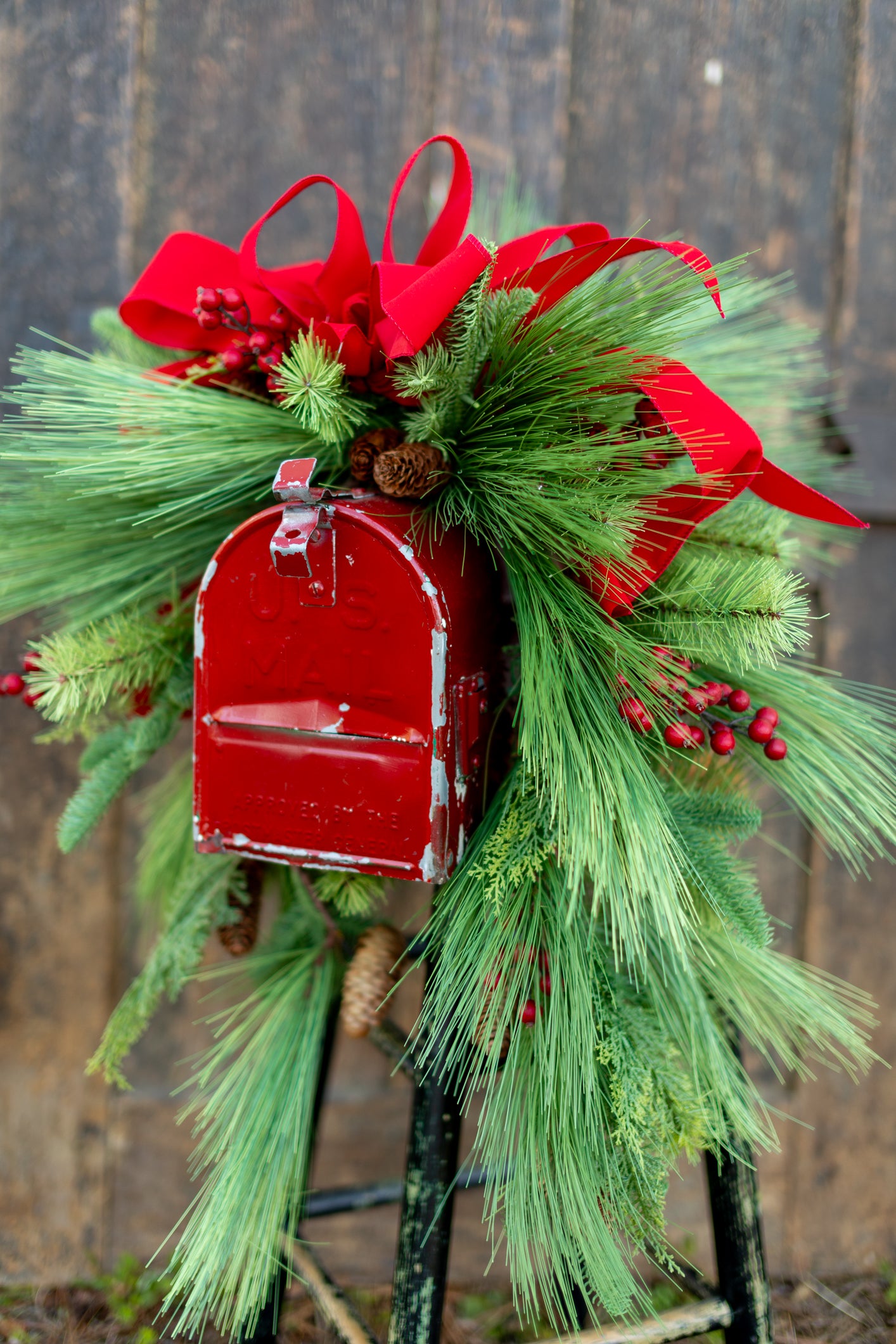 Decorated Outdoor Swag with Berries, Pine and Velvet Ribbon