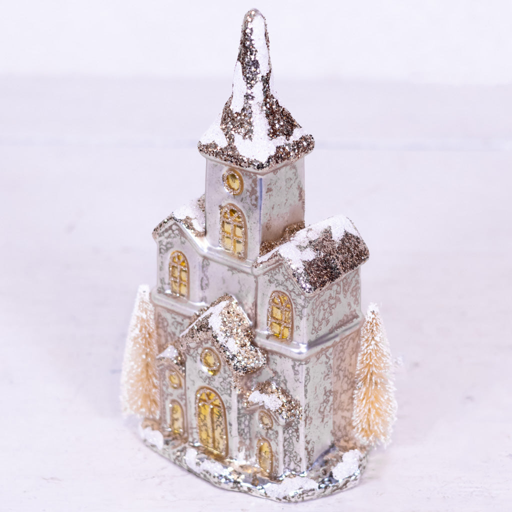 Triple Door Glittered LED Silver Mercury Glass House