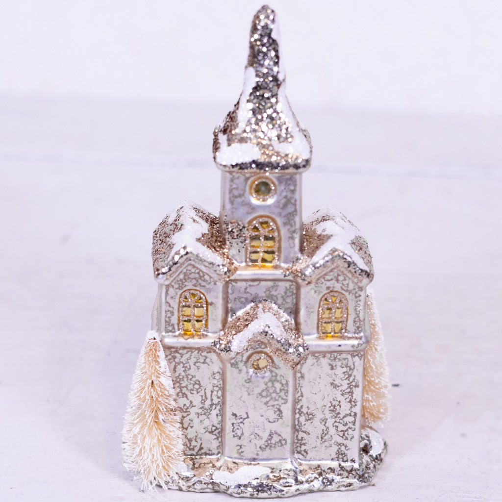 Triple Door Glittered LED Silver Mercury Glass House