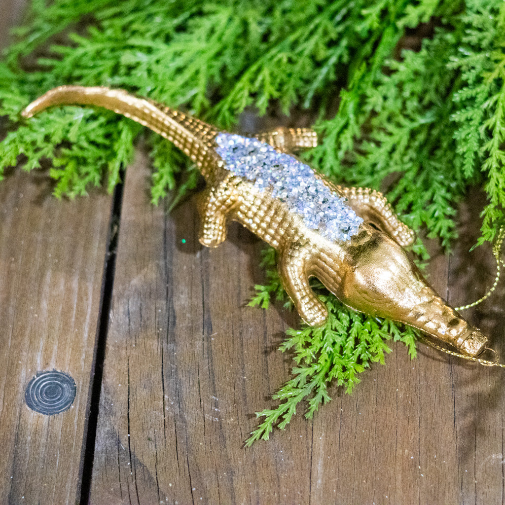 Glass Gold Crocodile with Beaded Back Ornament