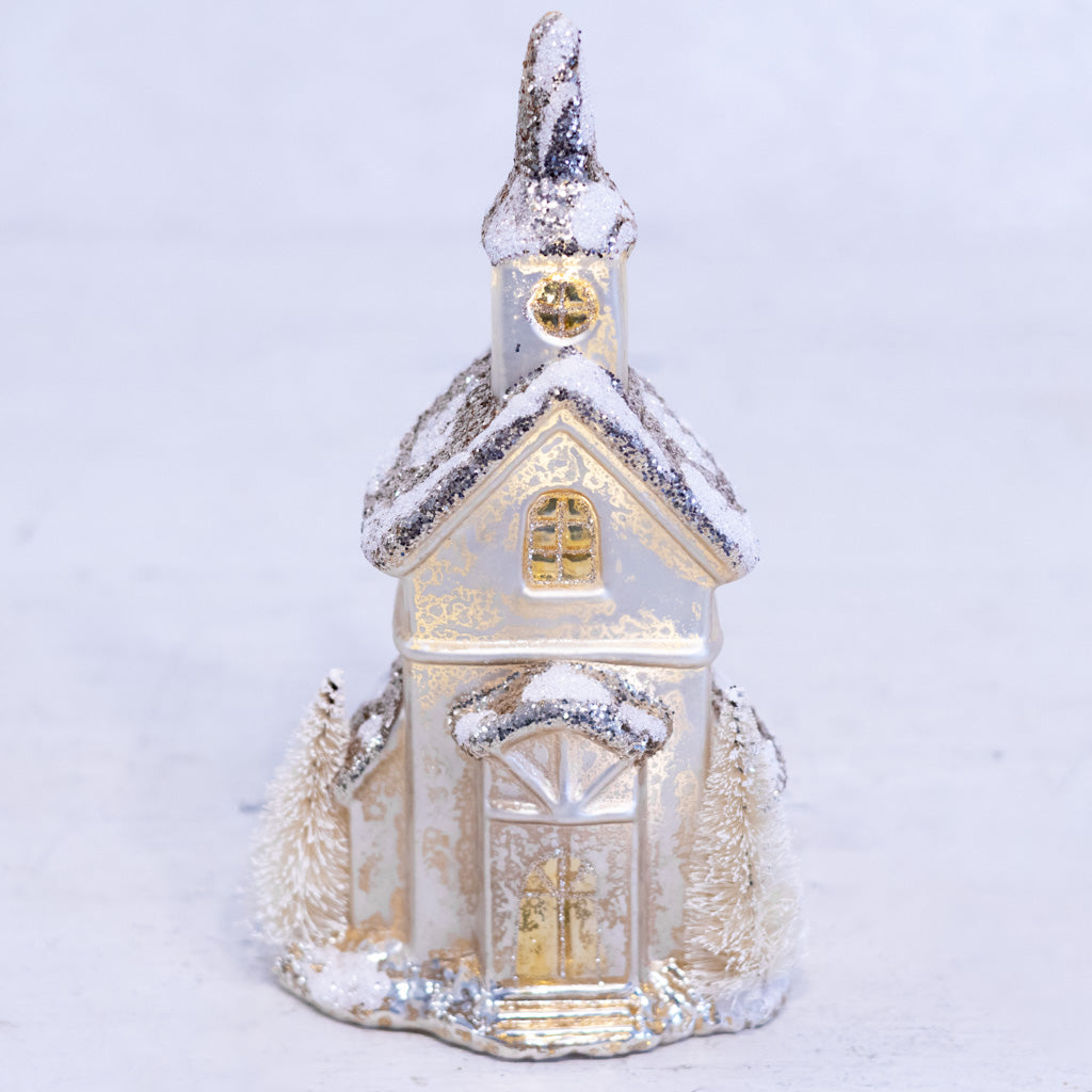 Single Door Glittered LED Silver Mercury Glass House