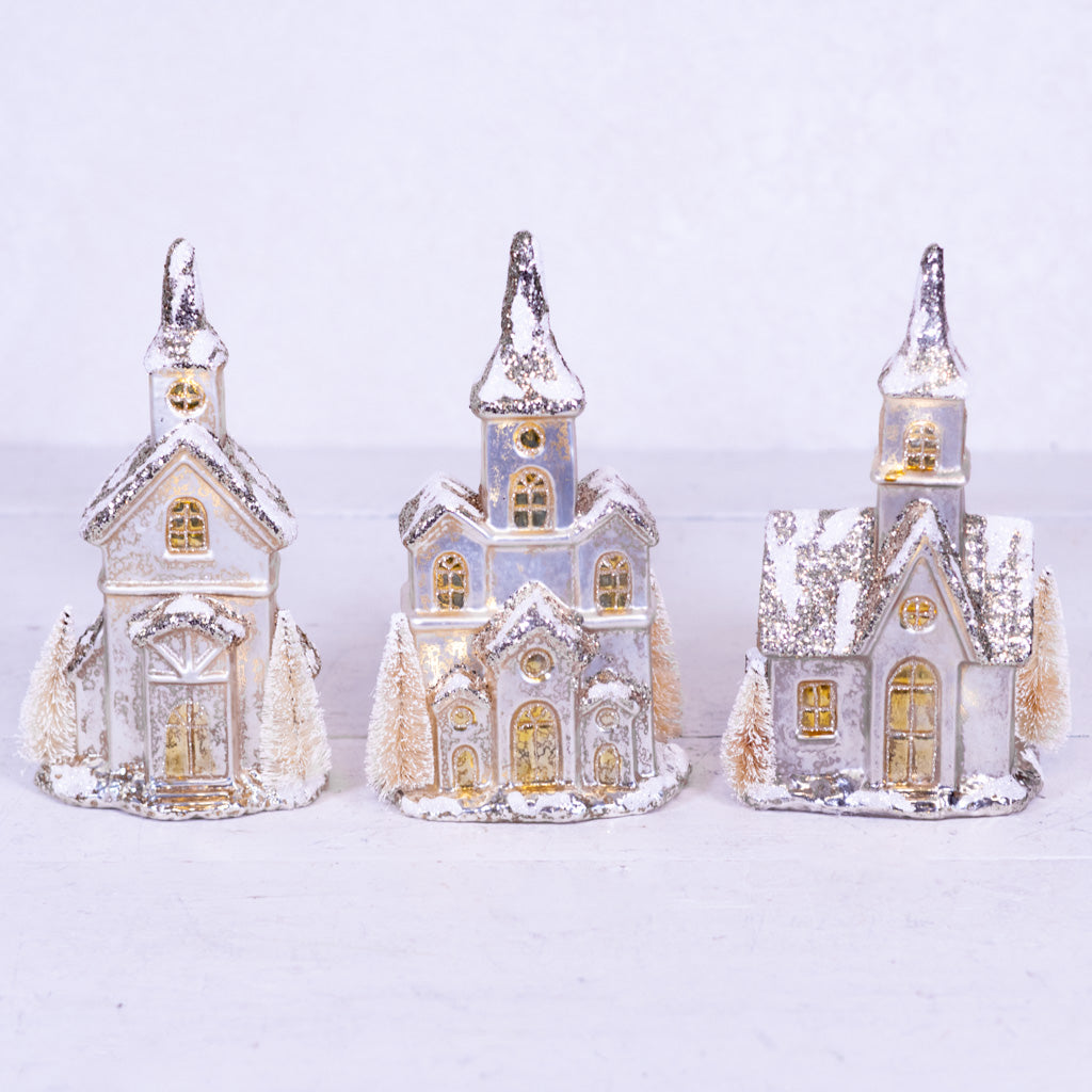 Triple Door Glittered LED Silver Mercury Glass House