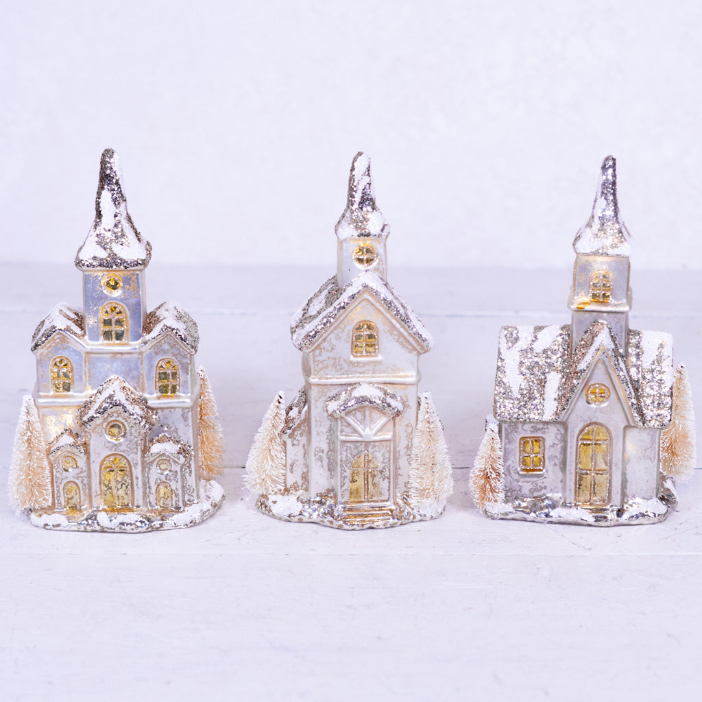 Single Door Glittered LED Silver Mercury Glass House