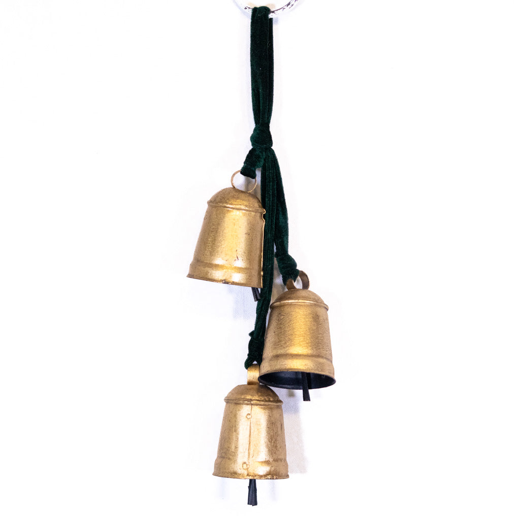 Three Gold Hanging Bells on Green Velvet Ribbon