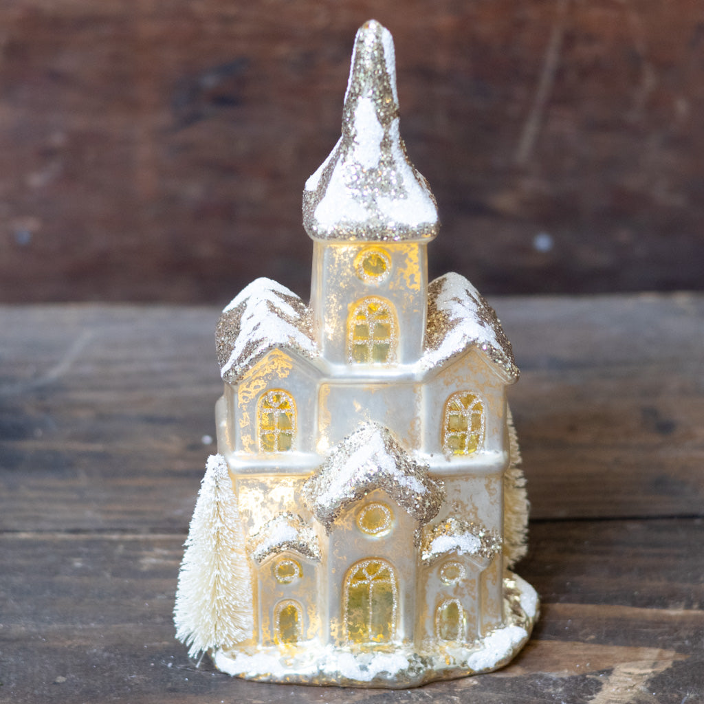 Triple Door Glittered LED Silver Mercury Glass House