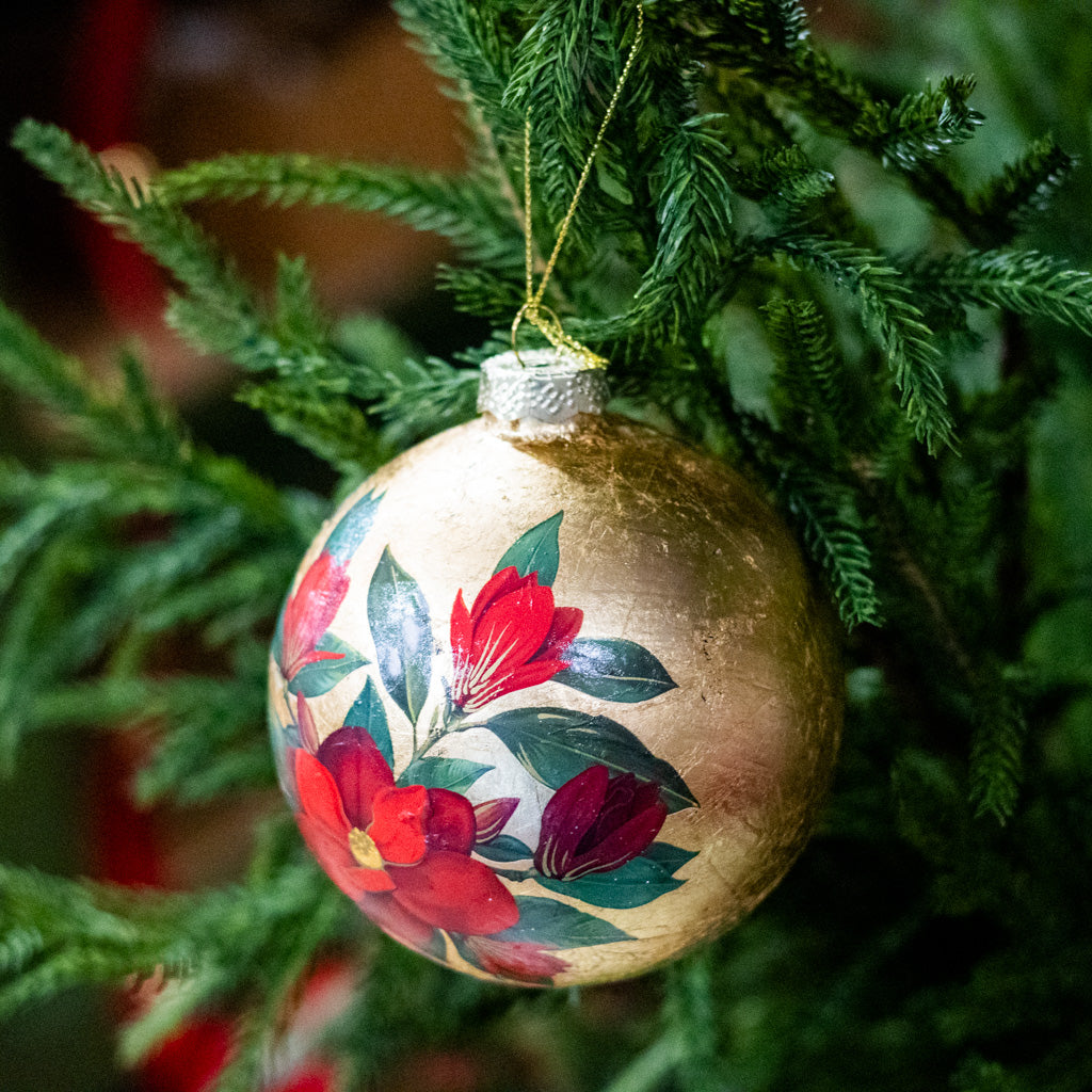 Glass Ball Gold Foil and Red Magnolia Ornament