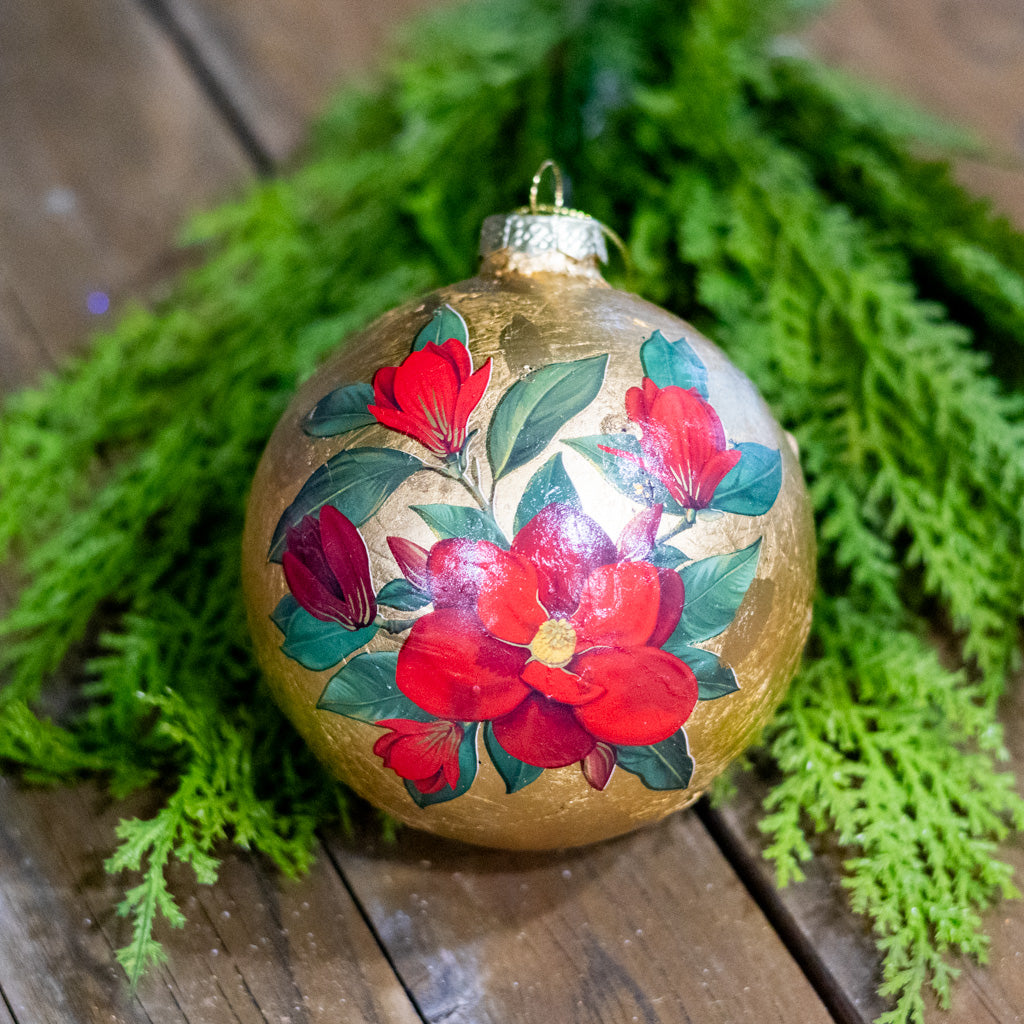 Glass Ball Gold Foil and Red Magnolia Ornament