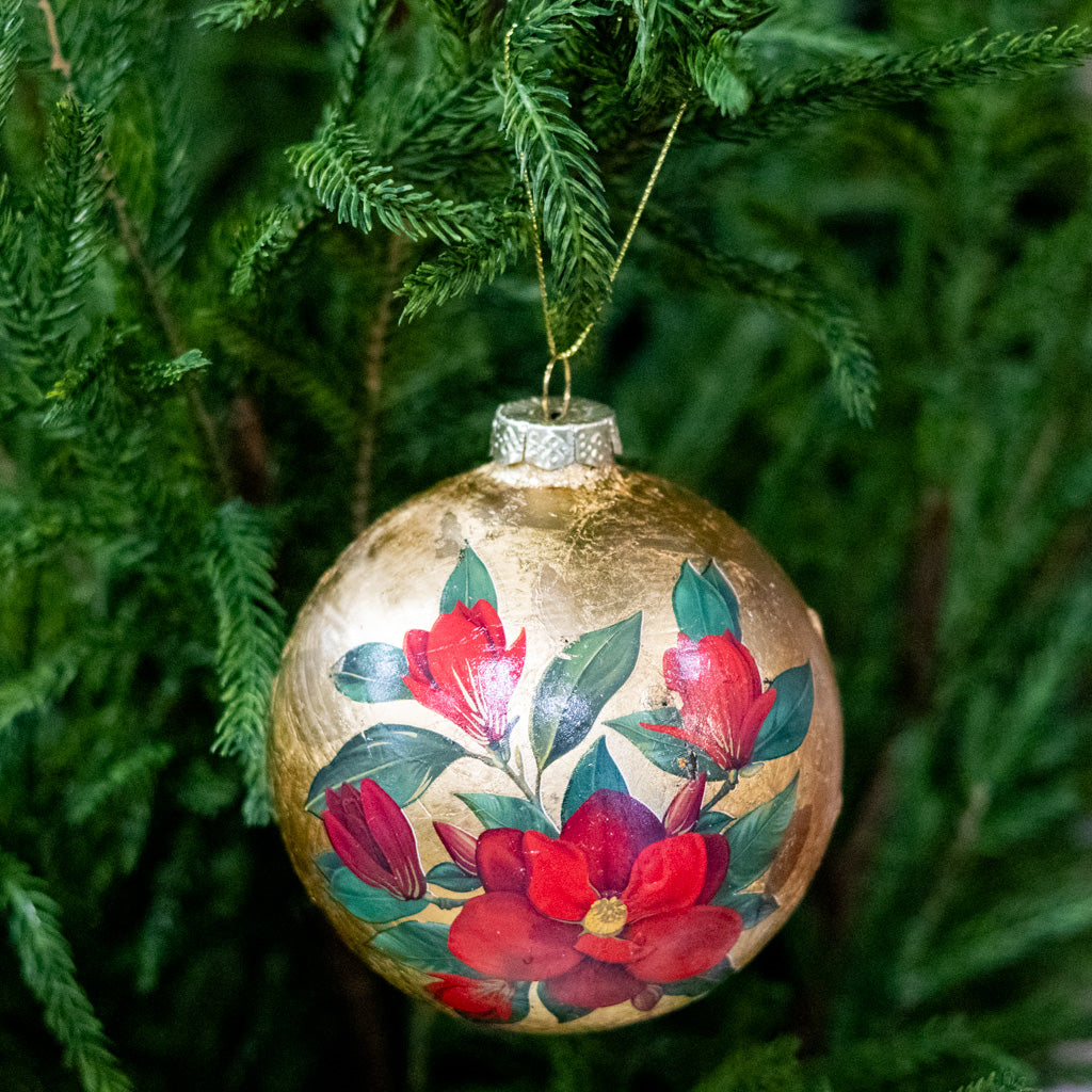 Glass Ball Gold Foil and Red Magnolia Ornament