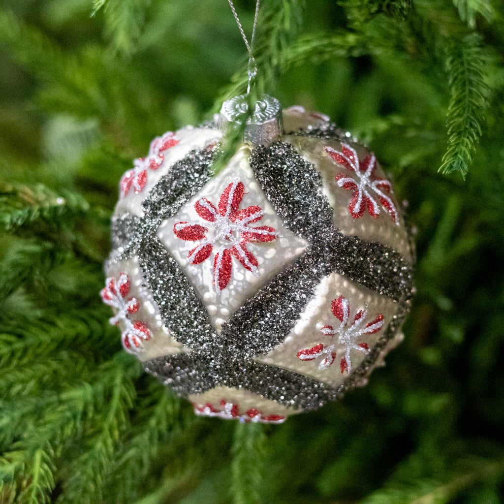 Vintage Glass Fluerette Black Red Ball Ornament