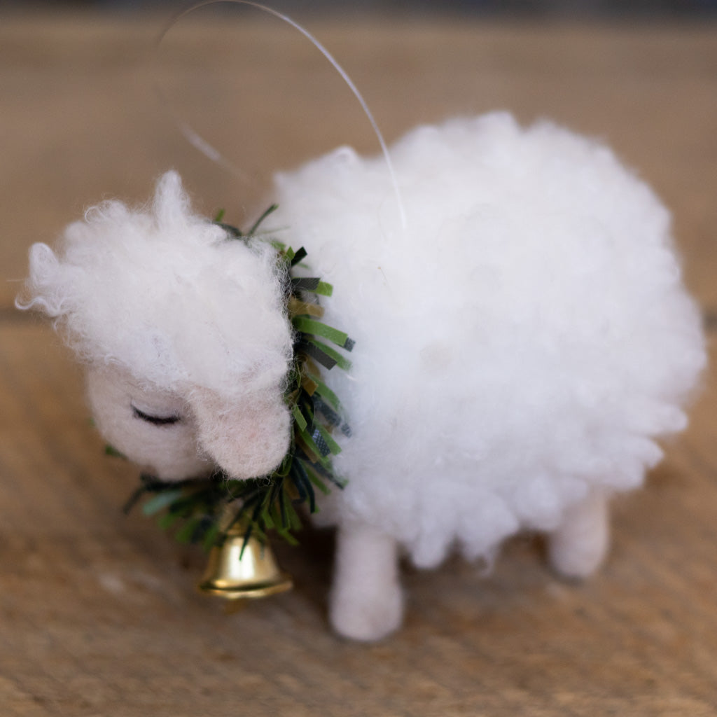 Baby Felt Wooly Sheep with Wreath and Bell Collar