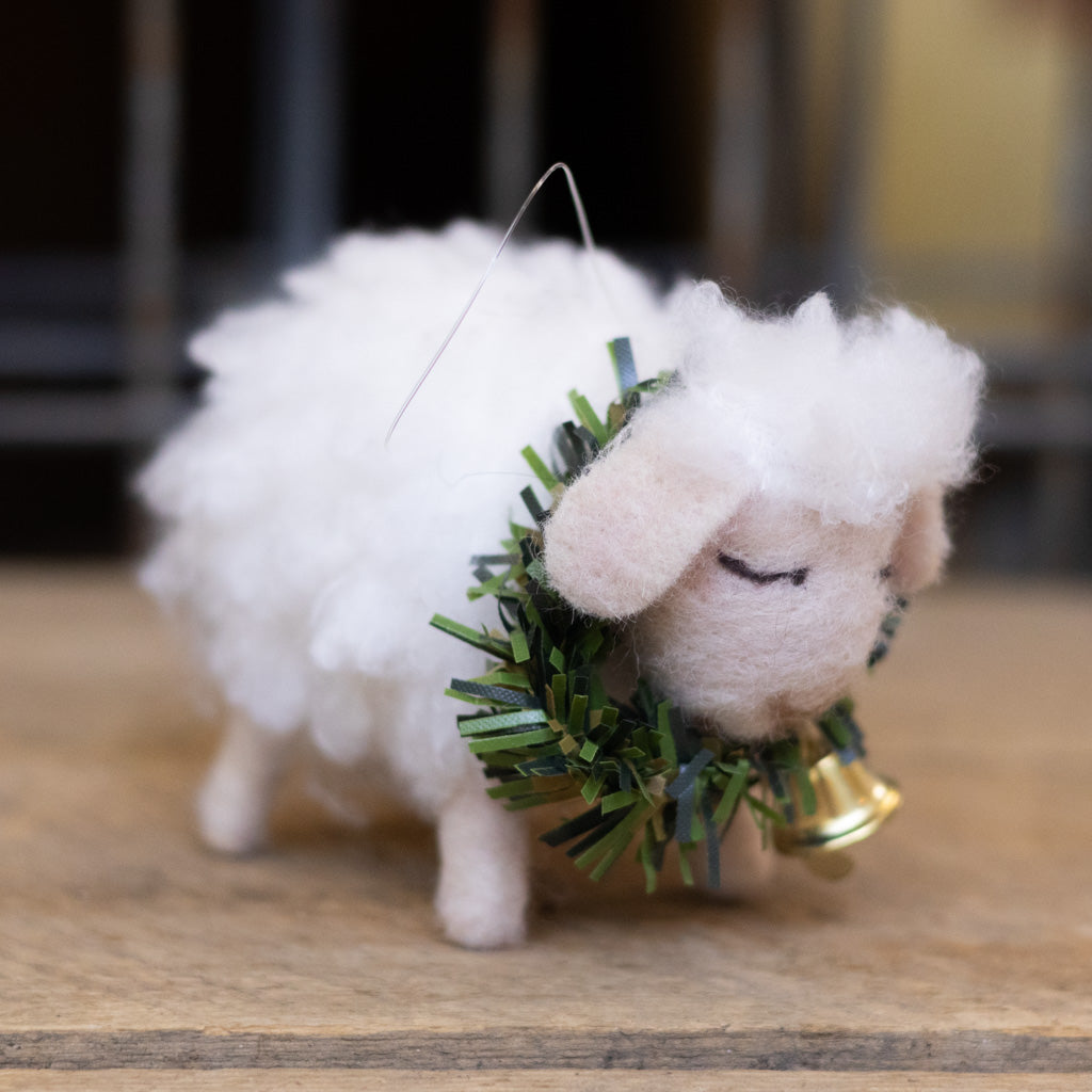 Baby Felt Wooly Sheep with Wreath and Bell Collar