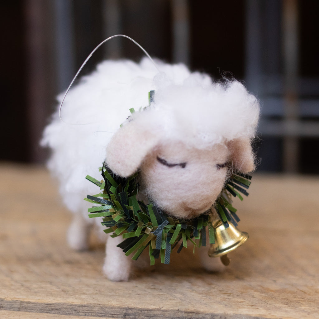Baby Felt Wooly Sheep with Wreath and Bell Collar
