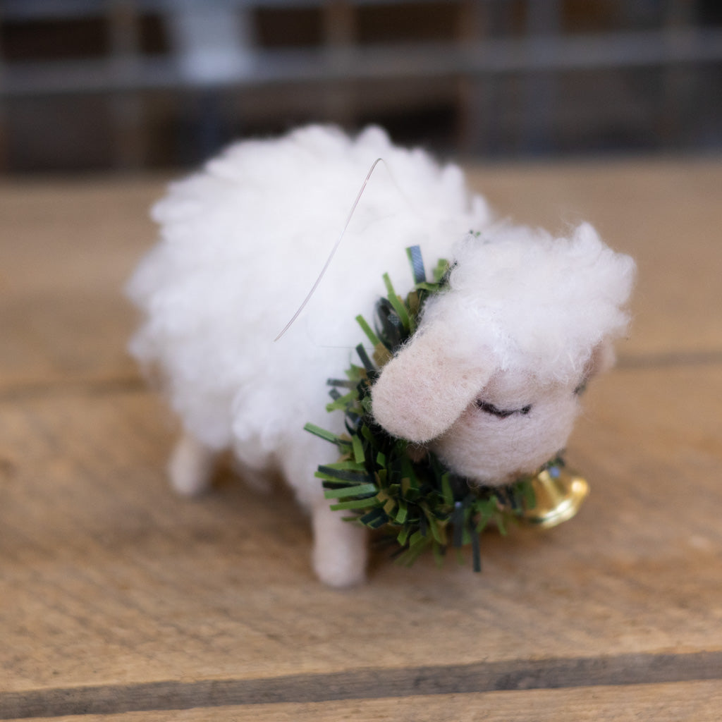 Baby Felt Wooly Sheep with Wreath and Bell Collar