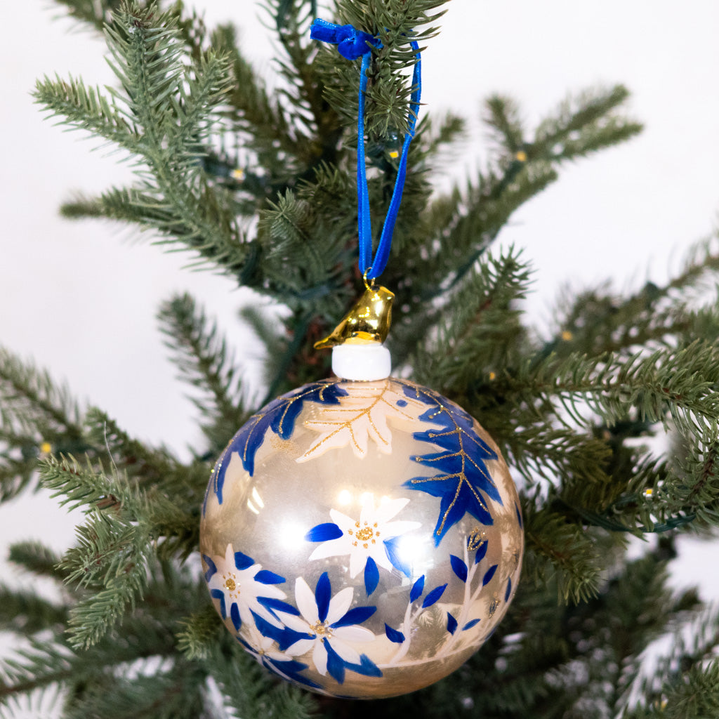 Hand-Blown Floral Bauble Gold Bird Shiny Ornament