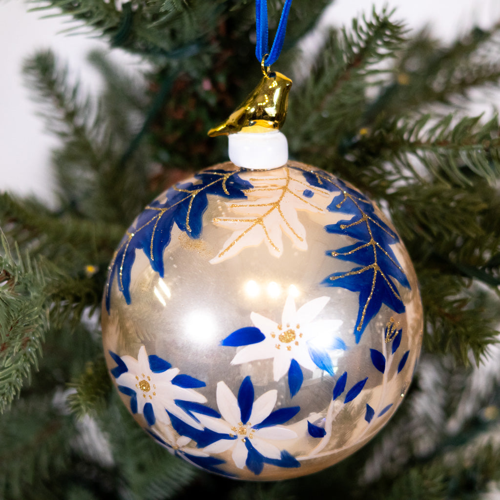 Hand-Blown Floral Bauble Gold Bird Shiny Ornament