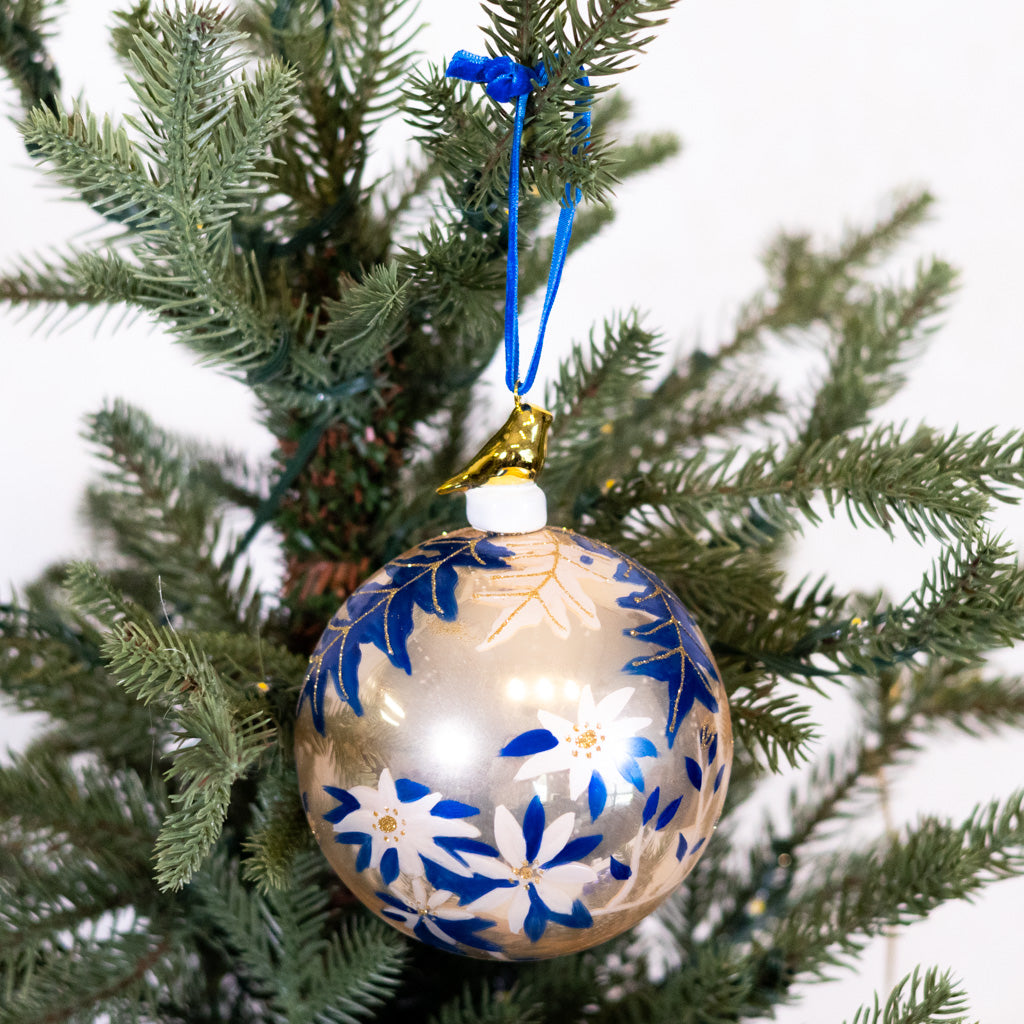 Hand-Blown Floral Bauble Gold Bird Shiny Ornament