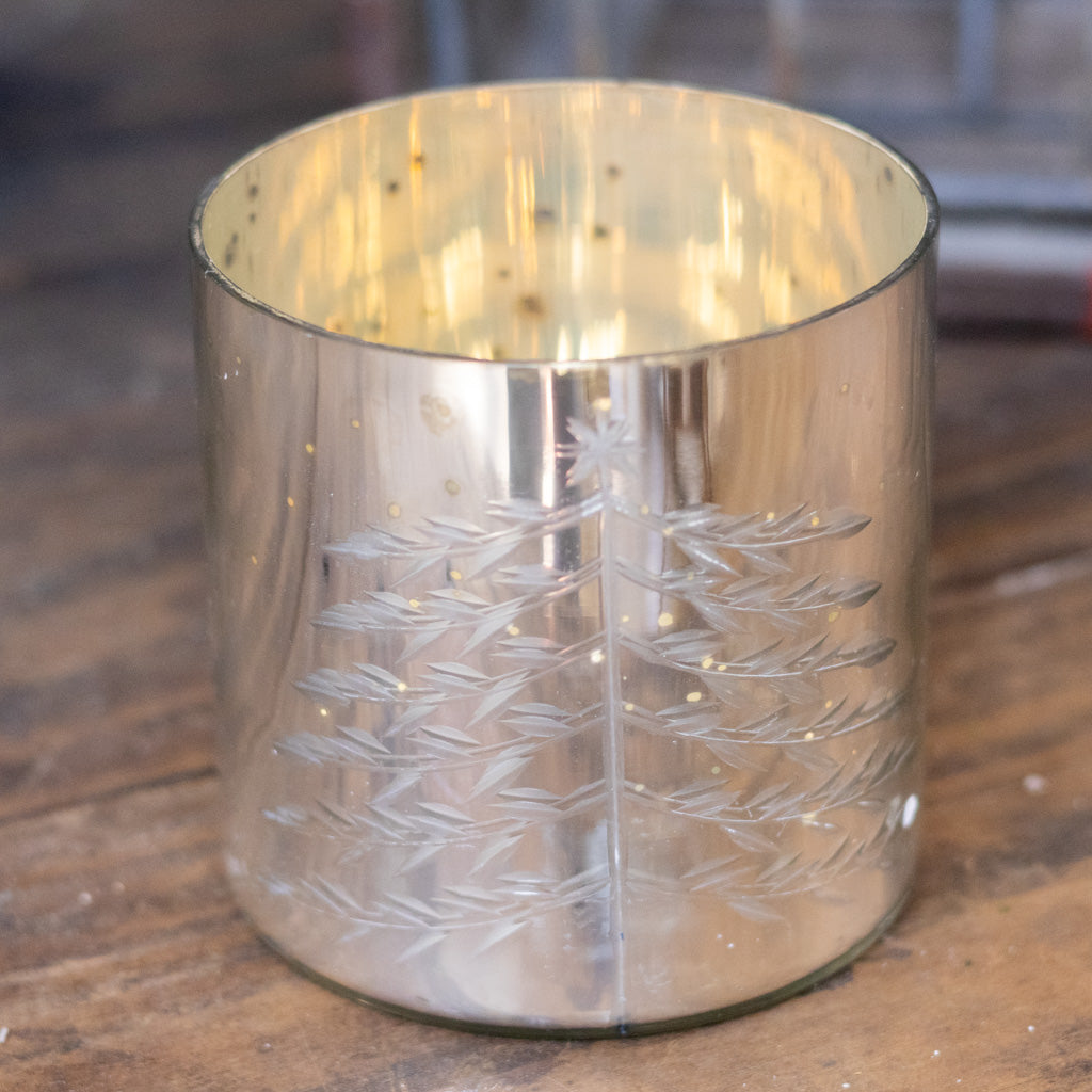 Silver Mercury Glass Candleholder with Christmas Design Motif Small