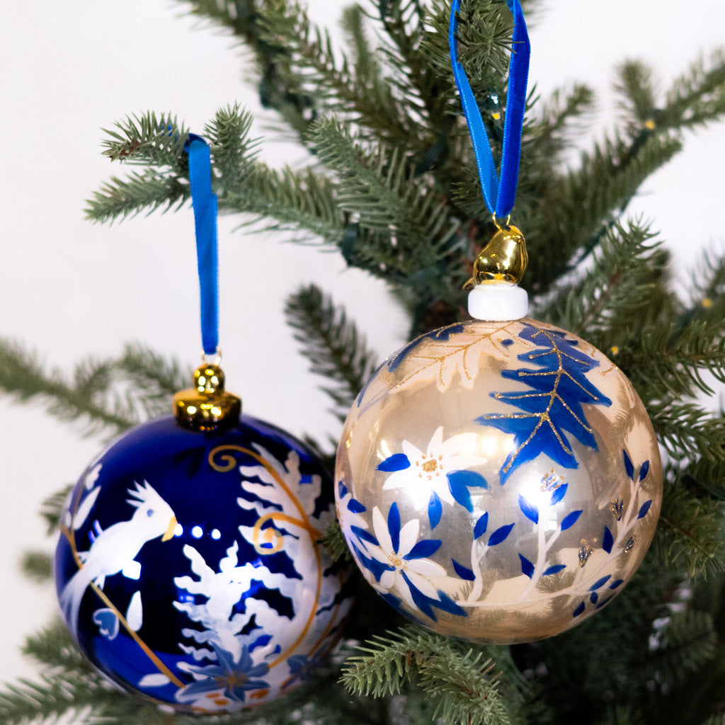 Hand-Blown Floral Bauble Gold Bird Shiny Ornament