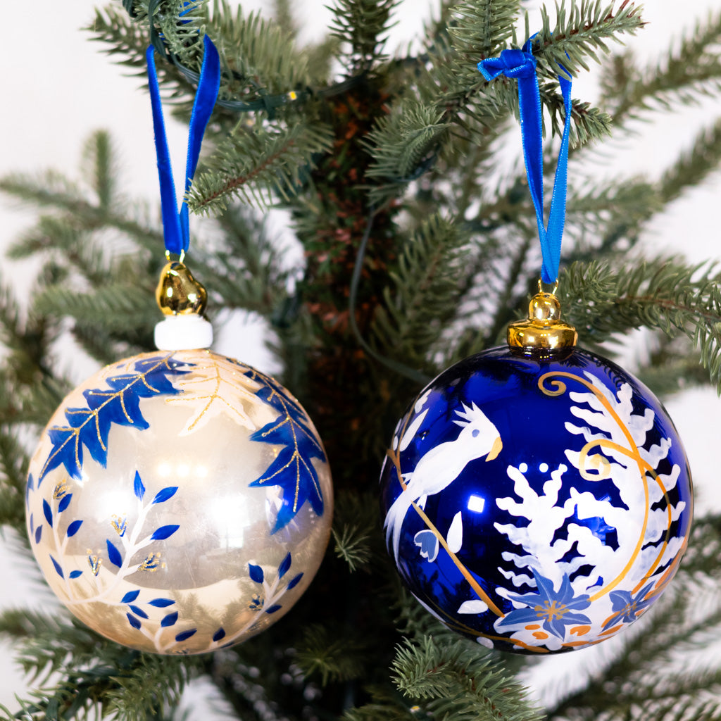 Hand-Blown Floral Bauble Gold Bird Shiny Ornament